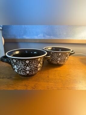 Crock Pot Soup Crocks Set of 2 Brown White Stoneware Chili Bowls Handles